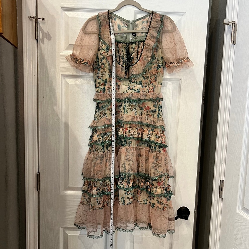 KAIMILAN Tiered Midi Dress Cotton Mesh Floral Beaded Cottagecore Fairycore 2 - Picture 10 of 11